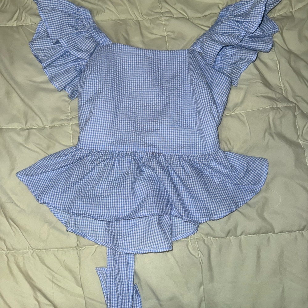Blue Gingham Ruffle Top